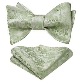 HISDERN Bow Tie for Men Sage Green Self Tie Bowties Floral Pattern Silk Bowties Handkerchief Wedding Bowtie and Pocket Square Set