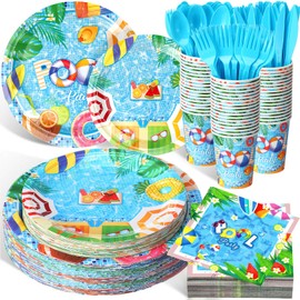 Funnymoom 400 Pcs Pool Party Supplies for 50 Guests Summer Pool Disposable Plates Napkins Cups Spoons Forks Knives for Birthday, Baby Shower, Beach, Summer Themed Party Decorations