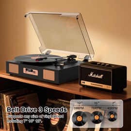 Vinyl Record Player with Built-in Stereo Speakers, Vintage 3-Speed Turntable for Vinyl Records USB SD Recording with Bluetooth Music Playback,RCA Out and Digital Display, Black& Gold