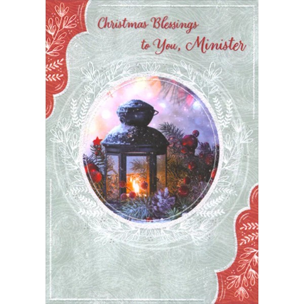 Designer Greetings Lantern and Pine Needles Circle Frame of White