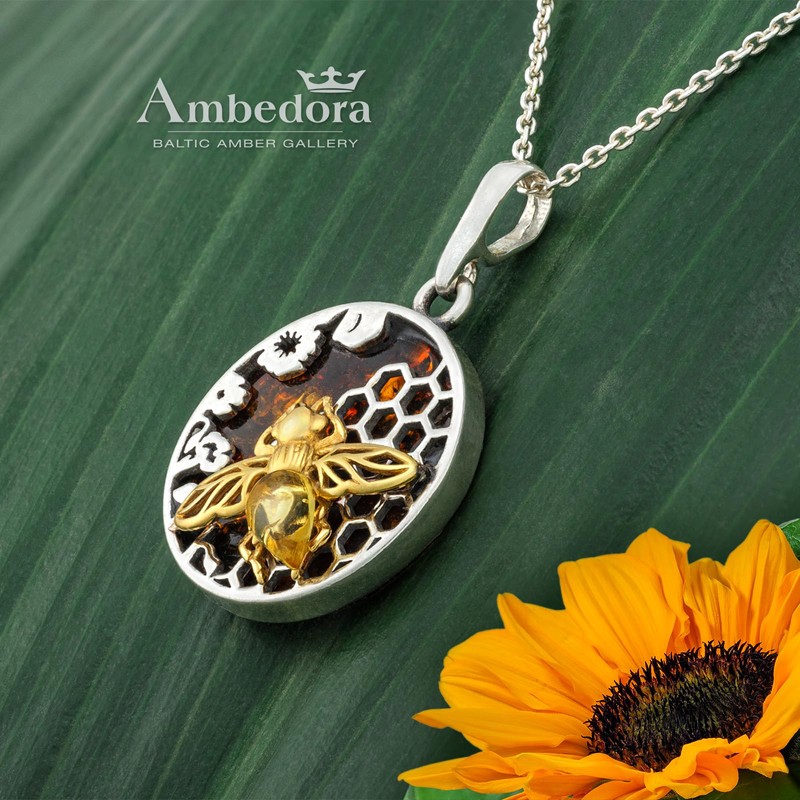 AMBEDORA Women's Round Necklace Golden Honey Bee Polished Sterling Silver