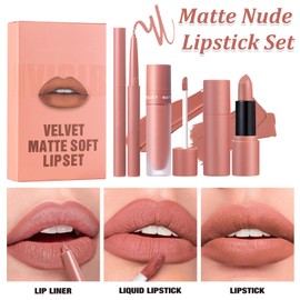 Matte Nude Lipstick Set - 3PCS Lipstick Long Lasting Lipliner Pencil - All-IN-One Lip Filler Lip Gloss Liquid Lip Stick Kit - Lip Liner Set Lip Makeup Kits for Women Girls Daily Makeup