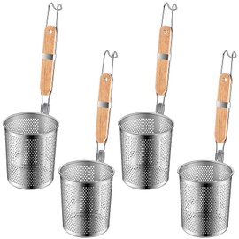 Tessco 4 Pcs Pasta Cooker Stainless Steel Pasta Basket with Wood Handle Kitchen Mesh Spider Pasta Strainer Skimmer Food Dumpling Noodle Strainer Blanching Basket for Pasta Noodles (Light Color,5.2")