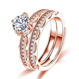 Bellitia Jewelry Engagement Pair Ring Ladies Stackable Ring Set Design White Copper Zirconia Gemstone Western Style Women Silver Pink Gold Color Free Size Gift Accessory, Metal, Cubic Zirconia