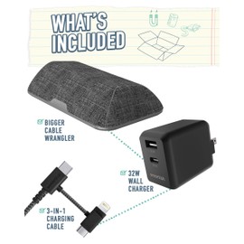 Smartish Magnetic Cord Holder and Charger Combo - Bigger Cable Wrangler Organizer with 3-in-1 Universal Charging Cable and 2 Port USB-A & USB-C Wall Port for Desktop or Side Table - No. 2 Pencil Gray