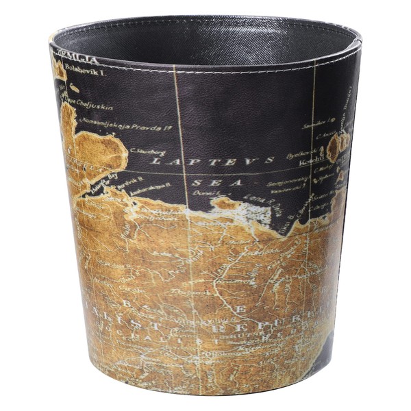 Cabilock Retro Waste Bin Vintage Leather Trash Can Retro World Map Trash Can Decorative Round Garbage Container Toillet Paper Bin for Bathroom Bedroom Kitchen Office