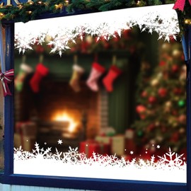 Christmas Long Fluffy Snowflake and Frost Border Window Clings Stickers,2 Sheets 4pcs 4m Extra Large Xmas Window Static Stickers,Christmas Winter Decoration Stick Wall Window Door Decal Sticker