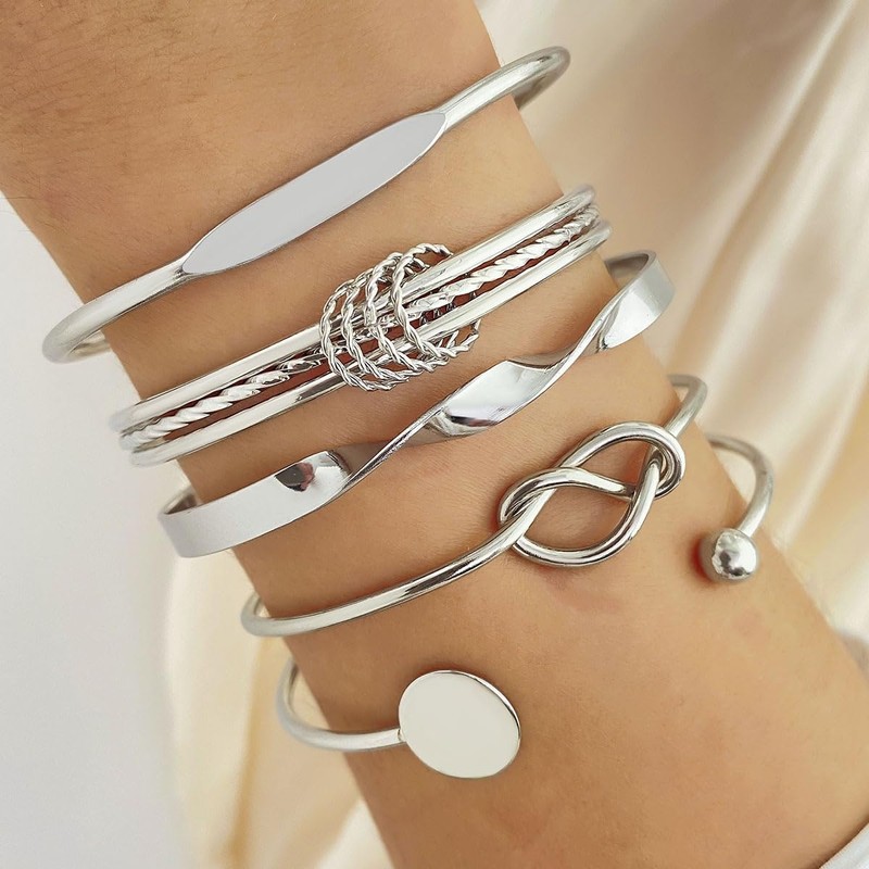 FUNOJOY Silver Bangle Bracelets Set for Women, Multi Layer Stackable