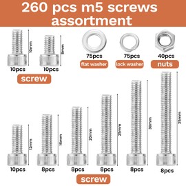 260 Pcs M5 Screws Assortment Kit, M5 Bolts Kit M5x 8/10/12/16/20/25/30/35mm, 304 Stainless Steel Hex Socket Head Screws Nuts Bolts and Washers Set
