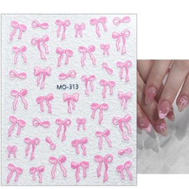 3sheets 5D Embossed Bow Nail Stickers for Nail Art Self-Adhesive Bow Nail Decals White Pink Bow Nail Art Stickers Design Cute Bow Nail Art Supplies for Women Girls