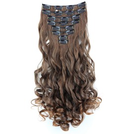 PRETTYSHOP XXL Set 8 pcs 24" Clip In Hair Extensions Full Head Hairpiece Wavy Curled Or Straight Heat-Resisting Div. Colors (brown mix curled #4T30 CES12-1)