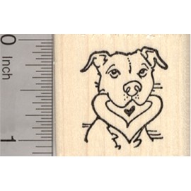 Pitbull Valentine Rubber Stamp, Dog with Heart in Mouth, Staffordshire Terrier