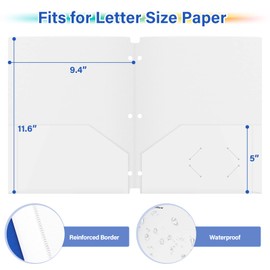 ViVin Folders with Pockets 3 Holes Punched, Plastic 3 Ring Folders with Pockets, 3 Hole Punch Folders with Pockets, 12 Pack, Fits Letter Size Sheets, Classroom Folders Bulk (White)
