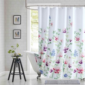 BESTRIPES Extra Long Fabric Shower Curtain, Green and Pink Watercolor Floral Plant Shower Curtains for Bathroom, Purple and Blue Flower Bathroom Curtains, 72" W x 84" H