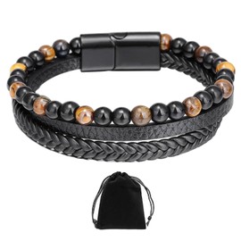 OAAO 1 Piece Tiger Eye Stone Bracelet, 1 Jewelry Storage Bag, Magnetic Clasp Bracelet, Leather Beaded Jewelry, Volcanic Stone Beads, Handwoven, Suitable for Daily, Party, Travel Wear