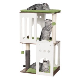 FourFurPets 43.7in 3-Tier Modern Cat Tree Tower Condo, Cat Scratch Posts for Indoor Cats, Big Plate, Two 19.7in Full Sisal Scratching Posts, White