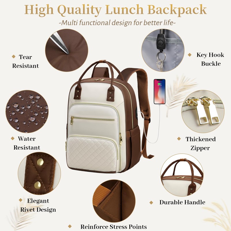 15.6 Inch Laptop Backpack, Lunch Backpack for Women, Water Resistant