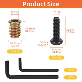 100 Sets 1/4-20 x 25/32" Furniture Screw Nut Threaded Wood Inserts, 1/4-20 x 19/32" Screw-in Nuts Threaded Inserts for Wood Bolt Fastener Connector with Two Hex Spanners