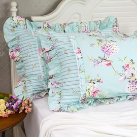 FADFAY Farmhouse Style Pillowcases Rose Blue-Green Stripe Elegant Country Style 100% Cotton Vintage Lace Ruffles Bedding Pillow Covers Exquisite Craft King Size 20'' x36