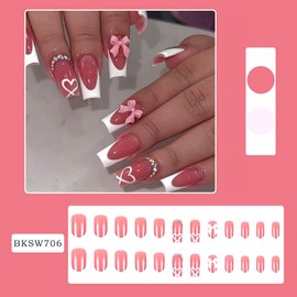 24Pcs French Tip Press on Nails Medium Long Fake Nails Square Coffin Press Ons Cute Bow Heart Stick on Nails with Rhinestones Bling Designs Acrylic False Nails for Women Girls Manicure Accessories