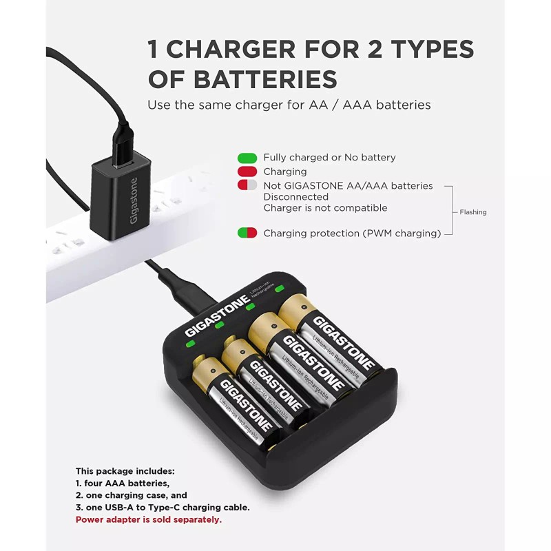 GIGASTONE Constant Voltage Rechargeable AA Batteries (4 Pack), 3000mWh, Lithium