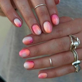 Press on Nails Short Round Fake Nails with Orange Pink Gradient Designs Spring Summer Nails Press ons Glossy Glue on Nails Acrylic False Nails Artificial Stick on Nails for Women 24Pcs