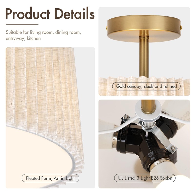 HILUXIA 13 Inch Linen Pleated Semi Flush Mount Ceiling Light