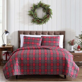 Beatrice Home Fashions Lightweight King Holiday Quilt Bedding Set Tarick Plaid, Red, Black, Green