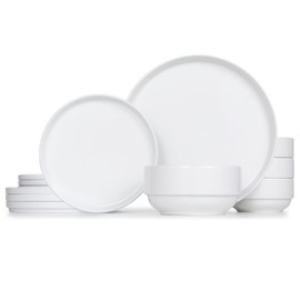 Kook Ceramic Dinnerware Set, 12-Piece Service for 4, Soup Bowls (31.5 oz), Salad Plates (7.5"), Dinner Plates (10.5"), Round, Microwave and Dishwasher Safe, Marshmallow