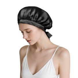Silk Bonnet for Sleeping Curly Hair Soft Hair Bonnets with Strap Smooth Breathable Satin Sleep Cap (UK, Alpha, One Size, Black)