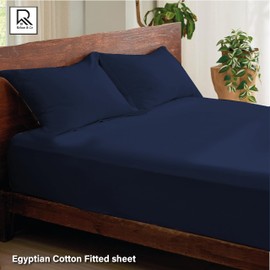 Rehan & Co Single Fitted Sheet Navy 100% Egyptian Cotton Fitted Sheets 300 Thread Count Breathable Hotel Bedding 12” / 30cm Deep Fitted Bed Sheet.