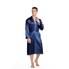 Elountik Men V Neck Satin Robe Kimono Long Bathrobe Lightweight Sleepwear Wedding Blue