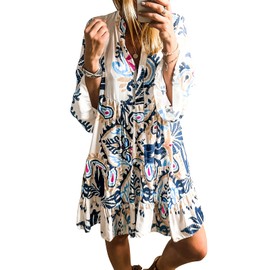 miduo Womens Sundress 2025 Spring Fashion Loose V Neck 3/4 Sleeve Button Printed Boho Mini Tunic Shift Short Dresses Navy M