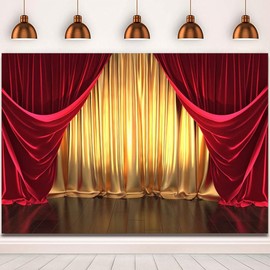 7x5ft Golden Red Curtains Stage Photography Backdrops Vinyl 3D Rendering Theater Stage Background for Graduation Prom Birthday Party Decoration Banner