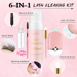 EMEDA Lash Shampoo for Lash Extensions Lash Cleaning Kit 150ml with Lash Fan Dryer Lash Extension Cleanser Oil Free Foam Soap Lash Bath with Rinse Bottle, Brush, Hair Band