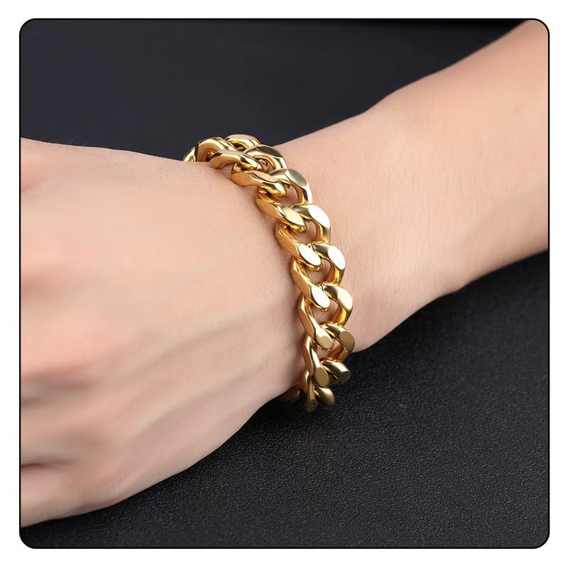 Fusamk Hip Hop Stainless Steel Bracelet Flat Link Bracelet Cuban