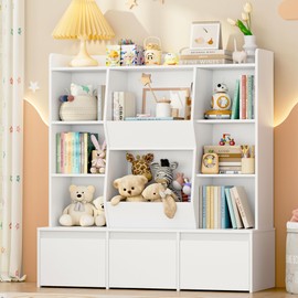 BOTLOG Toy Storage Organizer with 3 Movable Drawers, Toys Organizer Bookshelf with 8 Storage Cubbies, Bookshelf for Kids Toy Chest Organizer for Playroom, White