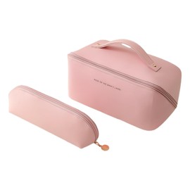 2 Pieces Cosmetic Bag Made of PU Leather Make Up Bag with Compartments Waterproof Cosmetic Organiser Bag Leather Travel Cosmetic Bag for Women Cosmetics 1 Large + 1 Small Toiletry Bag, pink, Fresh and