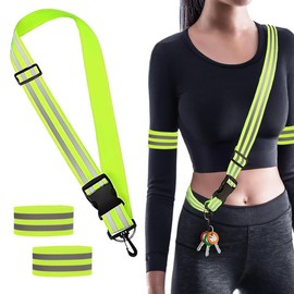 TRKETK 3 Pieces Reflective Running Gear, High Visibility Reflective Belt with 2 Armbands Elastic Reflective Gear Adjustable Reflective Belt with Clip for Running Cycling Dog Walking Night Safety