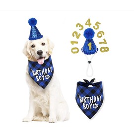 Dog Birthday Bandana Hat Scarf Set, EYLEER Plaid Birthday Dog Bandana Hat Scarfs Bibs with Dog Bow Tie Collar (Blue)