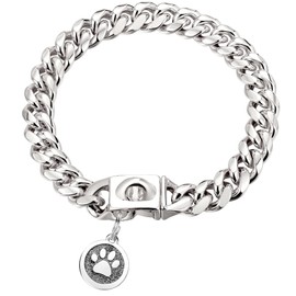 iDofas Collar de cadena para perro, de eslabones cubanos, diseño de hebilla con campana y etiqueta para perro, acero inoxidable, metal de 10 mm, oro y plata, collar de perro para cachorros pequeños, medianos y grandes (plata/24)