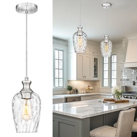 Audickic Pendant Lights Kitchen Island, Modern Brushed Nickel Hanging Lights Fixtures with Hand-Blown Hammered Clear Glass, Farmhouse Kitchen Island Lighting Over Sink, AD-24027-1P-SN