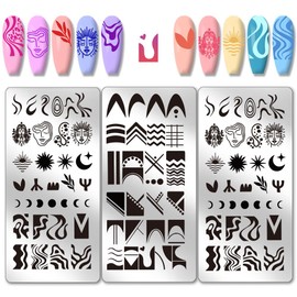 PH PandaHall 3pcs French Tip Nail Stamping Plates Geometric Line Nail Art Stencils Boho Styles Manicure Art Templates Moon Sun Patterns Nails Design Stencil for Women Manicures Salon Printing Supplies