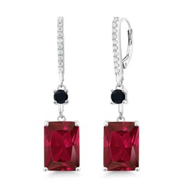 Gem Stone King 925 Sterling Silver Red Created Ruby and Black Onyx Earrings For Women (10.74 Cttw, Emerald Cut 14X10MM)