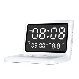 Multifunctional Digital Mirror Clock 15W Wireless Charging Alarm Clock with Large Dimmable Display Screen Snooze Function USB Output for Bedroom Living Room Office