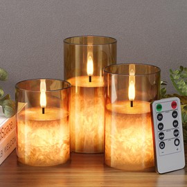 Crystal Texture Design Flickering Flameless Candles with Remote & Timer, Real Wax Battery Operated Candles with Flickering Flame, Realistic Battery Candles, Gold Glass - 3Pack [3"×4"/5"/6"]