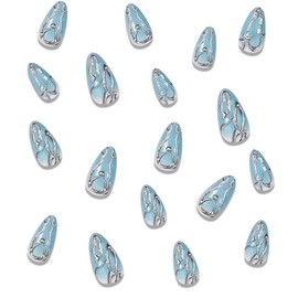 Press on Nails Medium Almond Fake Nails Blue False Nails with Design Silver 3D Stripe Glue on Nails Reusable Artificial Acrylic Blue Full Cover Stick on Nails for Women Girls Nail Art Decoration 24Pcs