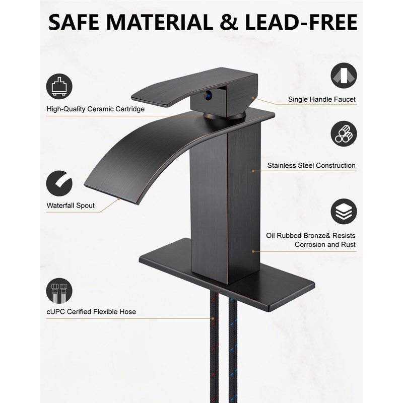 Midanya Bathroom Faucet with Waterfall Spout, Single Hole or 3-Hole