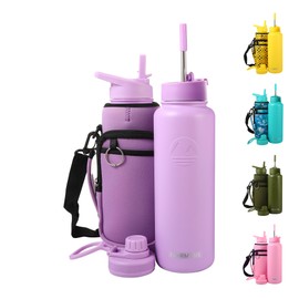 FAHRMOSIS 40 OZ Water Bottle Insulated with Strap Stainless Steel Sports Water Bottle with 3 Lids (Straw, Chug and Flip Lid) Metal Water Jug for Men & Women - Lavender