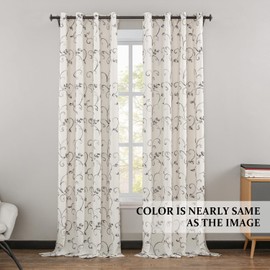 VOGOL 2 Panels Vines Embroidered Faux Linen Grommet Curtains for Living Room, Farmhouse Window Treatment Panels, 52 x 63 Inch, Grey